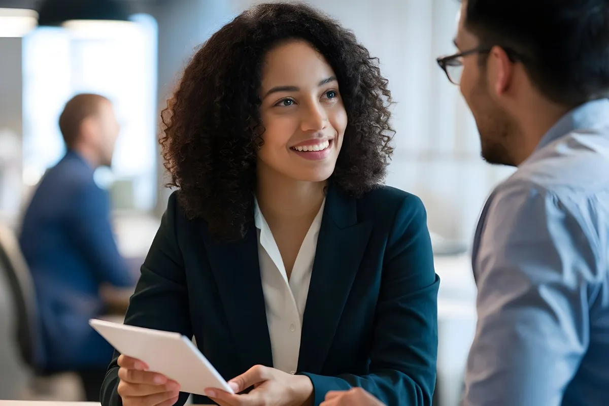 Consulente Pubblifree sorridente durante un incontro con un cliente