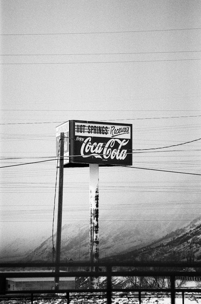 Classic Coca-Cola billboard with power lines and mountains in black and white.